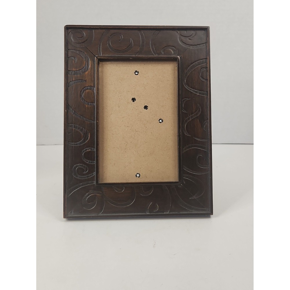 Ornate Dark Brown Wooden 4x6  Tabletop Or Hanging Picture Frame Swirl Embossed